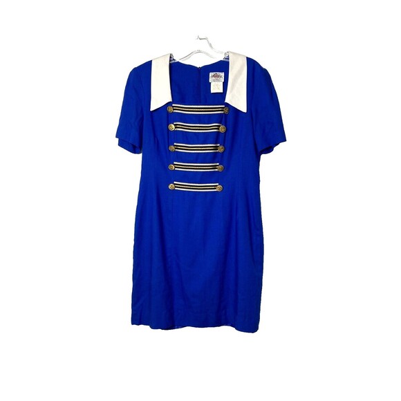 Lanz Original Vintage Dress Sailor Blue Gold Buttons Linen Blend Size 12 - Picture 1 of 14